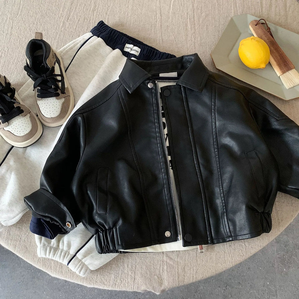 Children Leather Jacket 2026 Autumn and Winter New Product Cool Splicing Jacket Thick Top Fashionable Daily Versatile