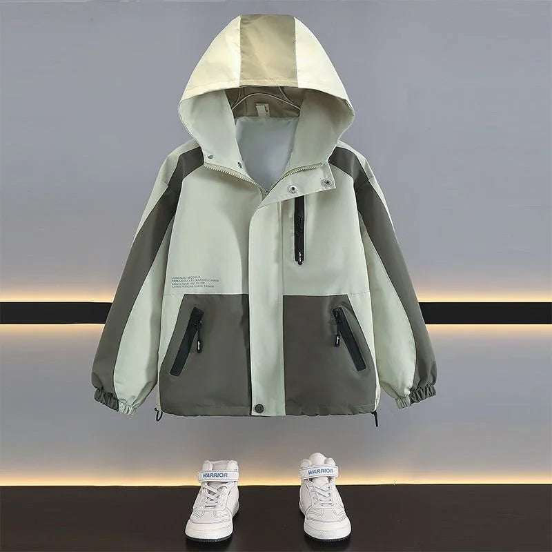 Children Clothing Color Blocking Jacket 2026 Spring Autumn Teen Boys Fashion Zipper Hooded Windbreaker Coat Kids Outewear Tops