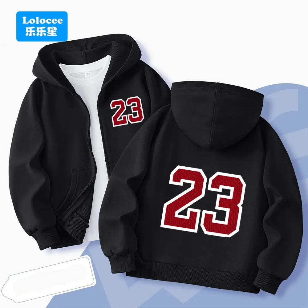 Children's long-sleeve zip-upjacket for autumn and wintercartoon-style outerwear with "23" print;boys' jacket hooded sweatshirt.