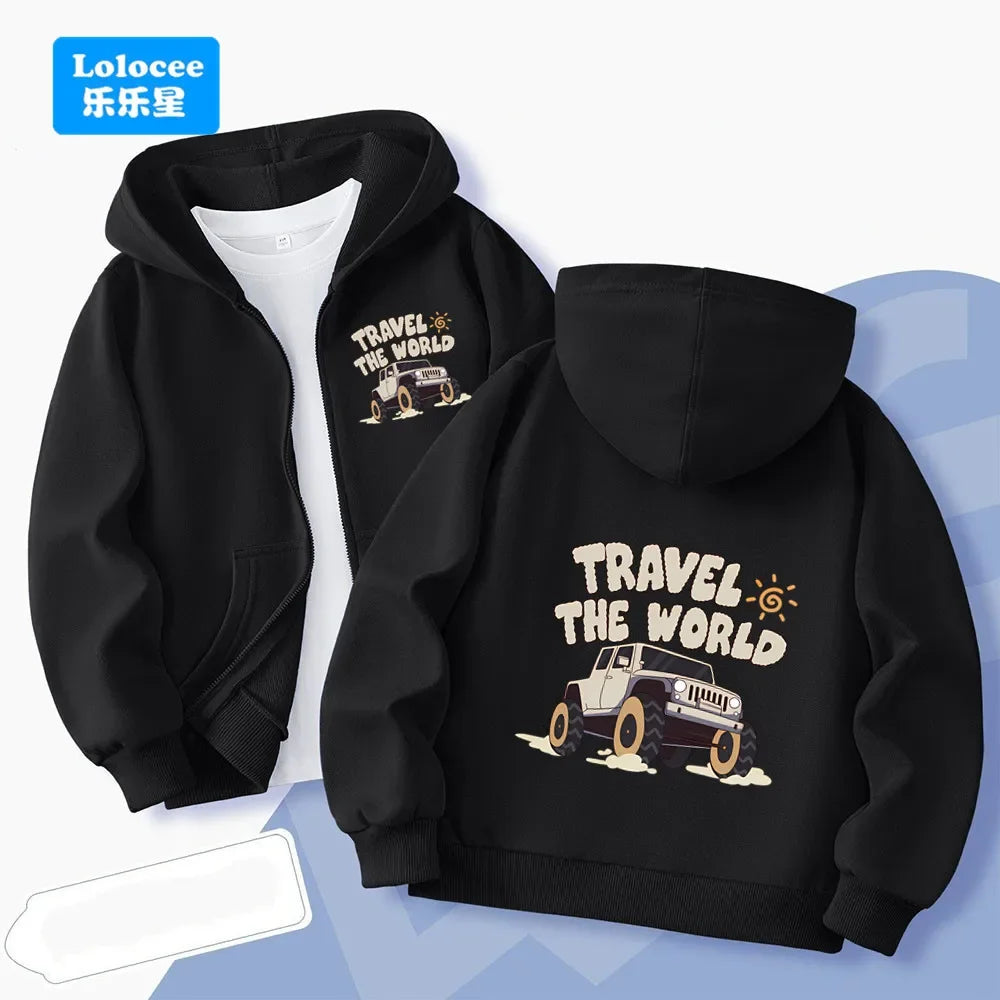 Children's long-sleeve zip-upjacket for autumn and wintercartoon-style outerwear with "23" print;boys' jacket hooded sweatshirt.