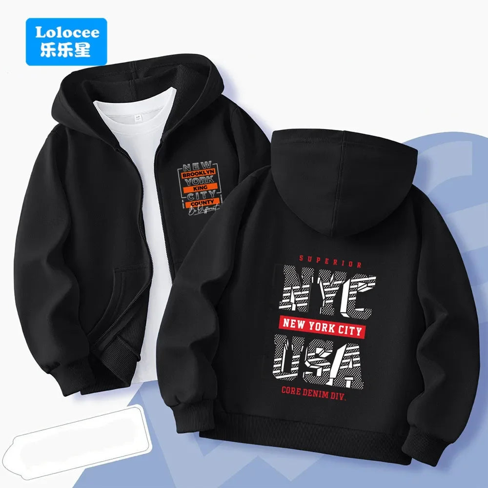 Children's long-sleeve zip-upjacket for autumn and wintercartoon-style outerwear with "23" print;boys' jacket hooded sweatshirt.