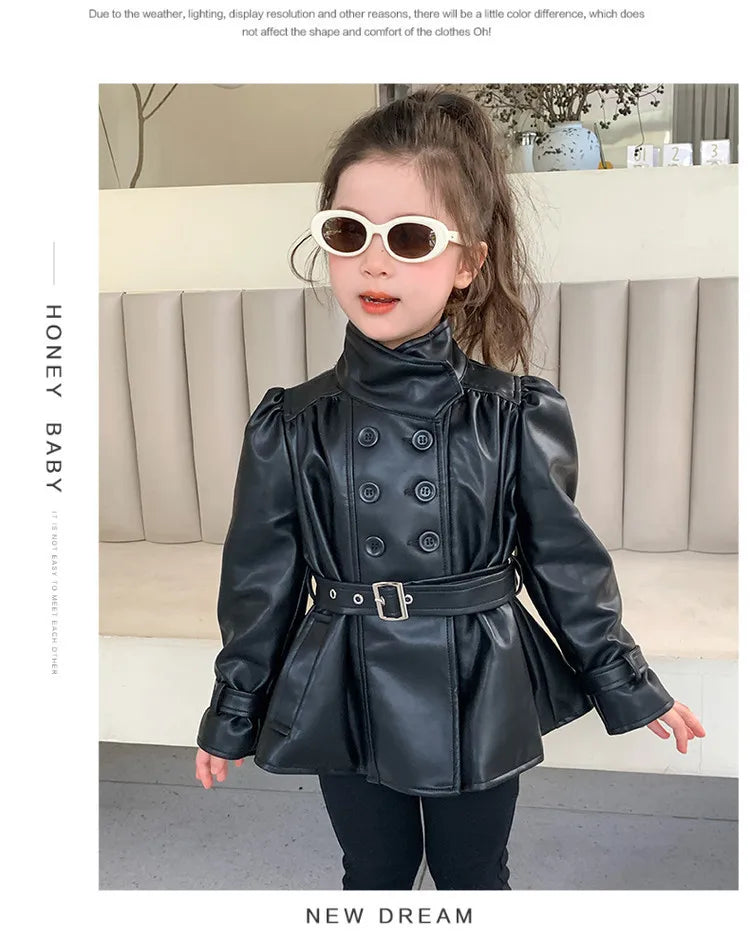 Children Leather Jacket Autumn and Winter 2026 New Fashion Waist Cinched Jacket for Girls Korean Stand Up Collar Jacket Top