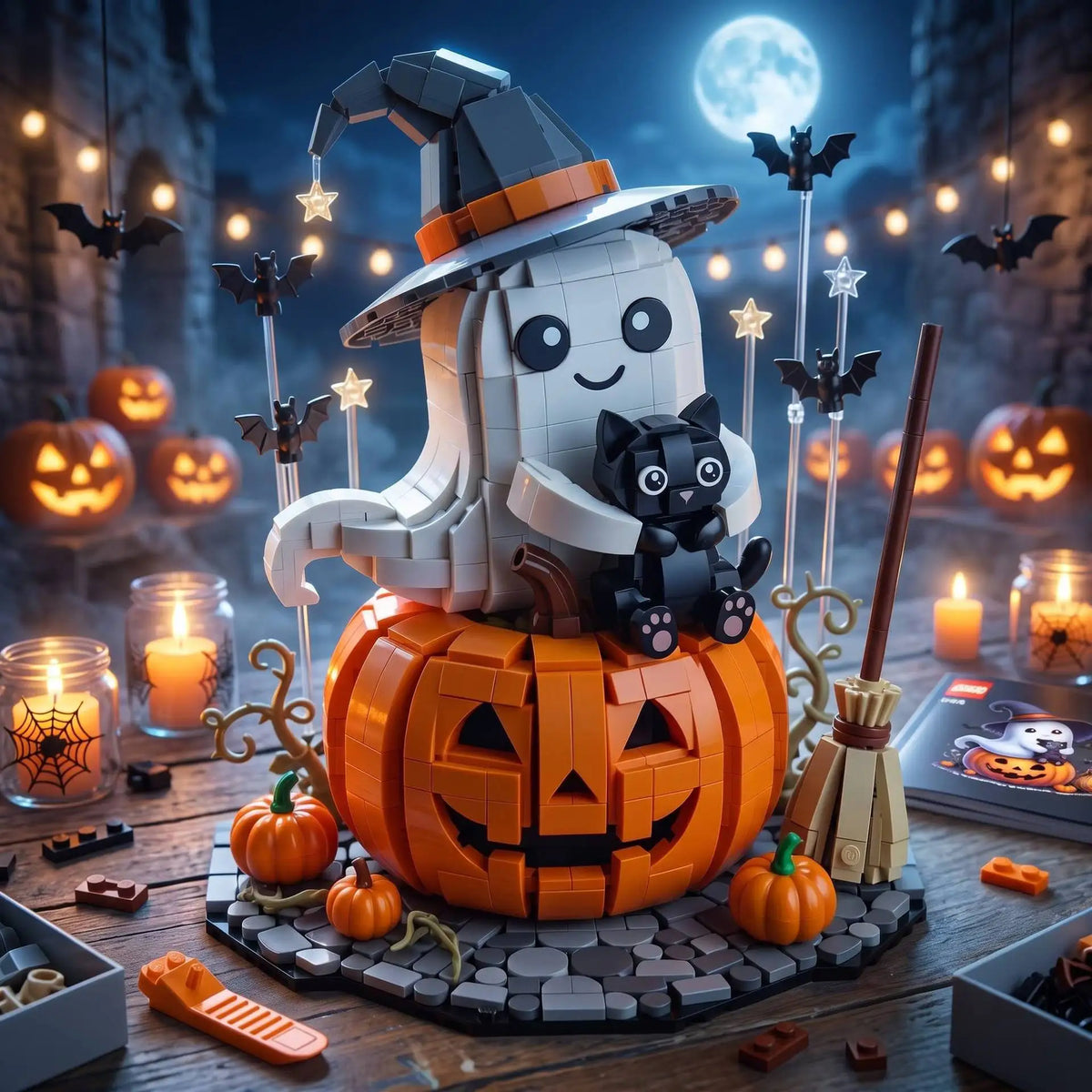 MOC Halloween Pumpkin Lantern Ghost Witch Black Cat Building Blocks Set Cute Desktop Ornament Idea Toys For Adults Holiday Gifts