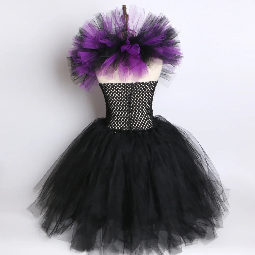 Halloween Dark Queen Costume for Kids Carnival Party Dress Up Outfit Purple Black Witch Costume for Girls Fancy Tulle Tutu Dress